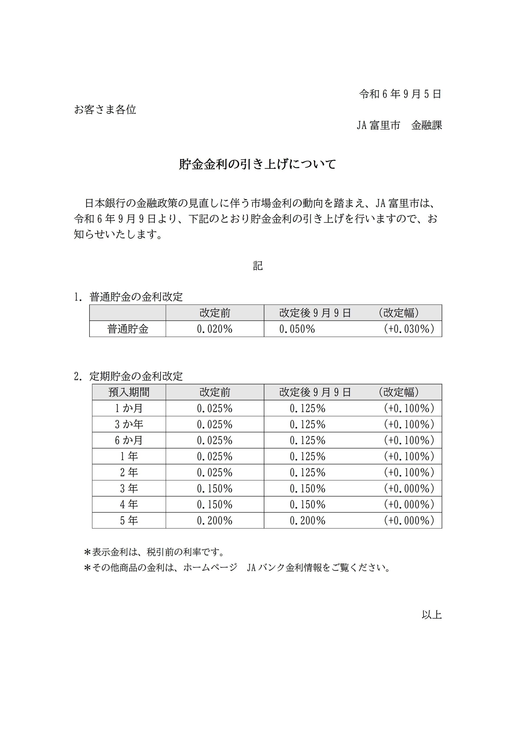 貯金金利の引き上げについて