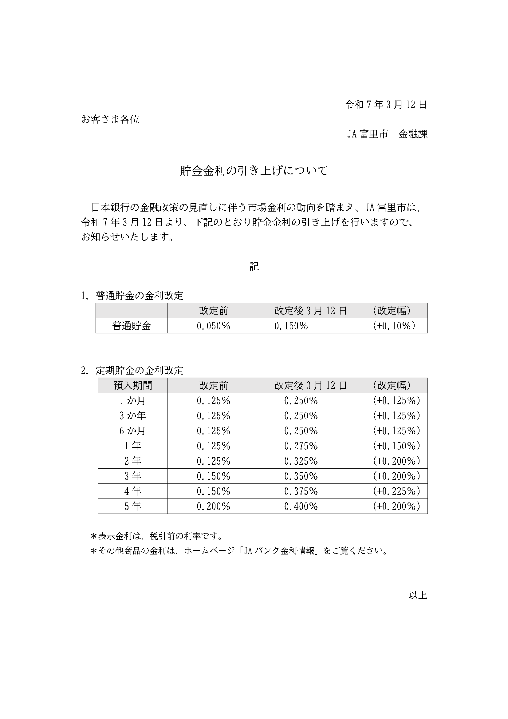 貯金金利の引き上げについて